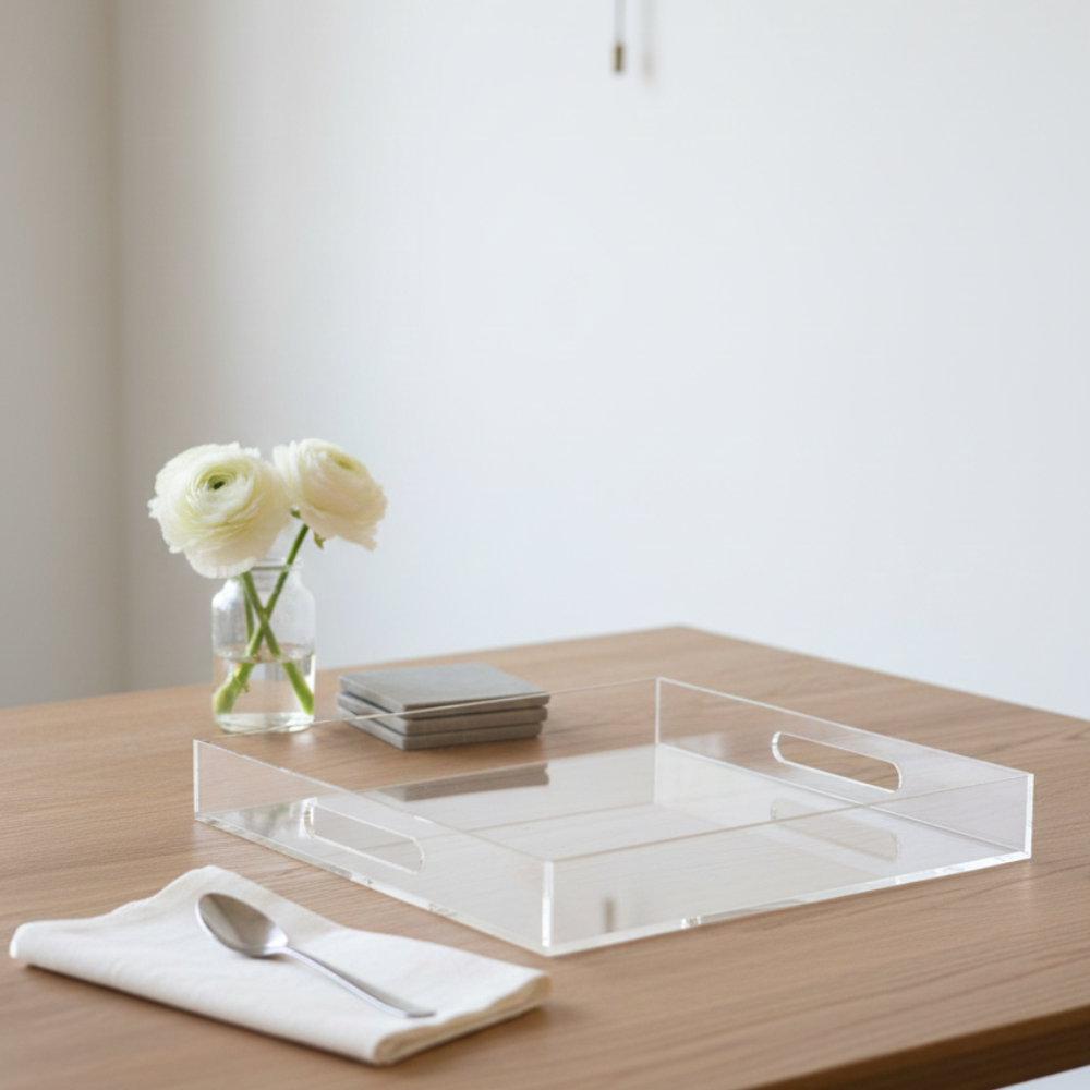 PLATEAUX CARRE TRANSPARENT EN PLEXIGLASS 32X32cm