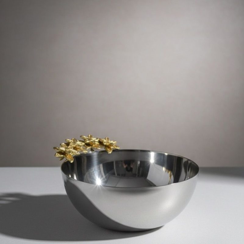 Bol en inox Poli et Ornement Floral doré PM
